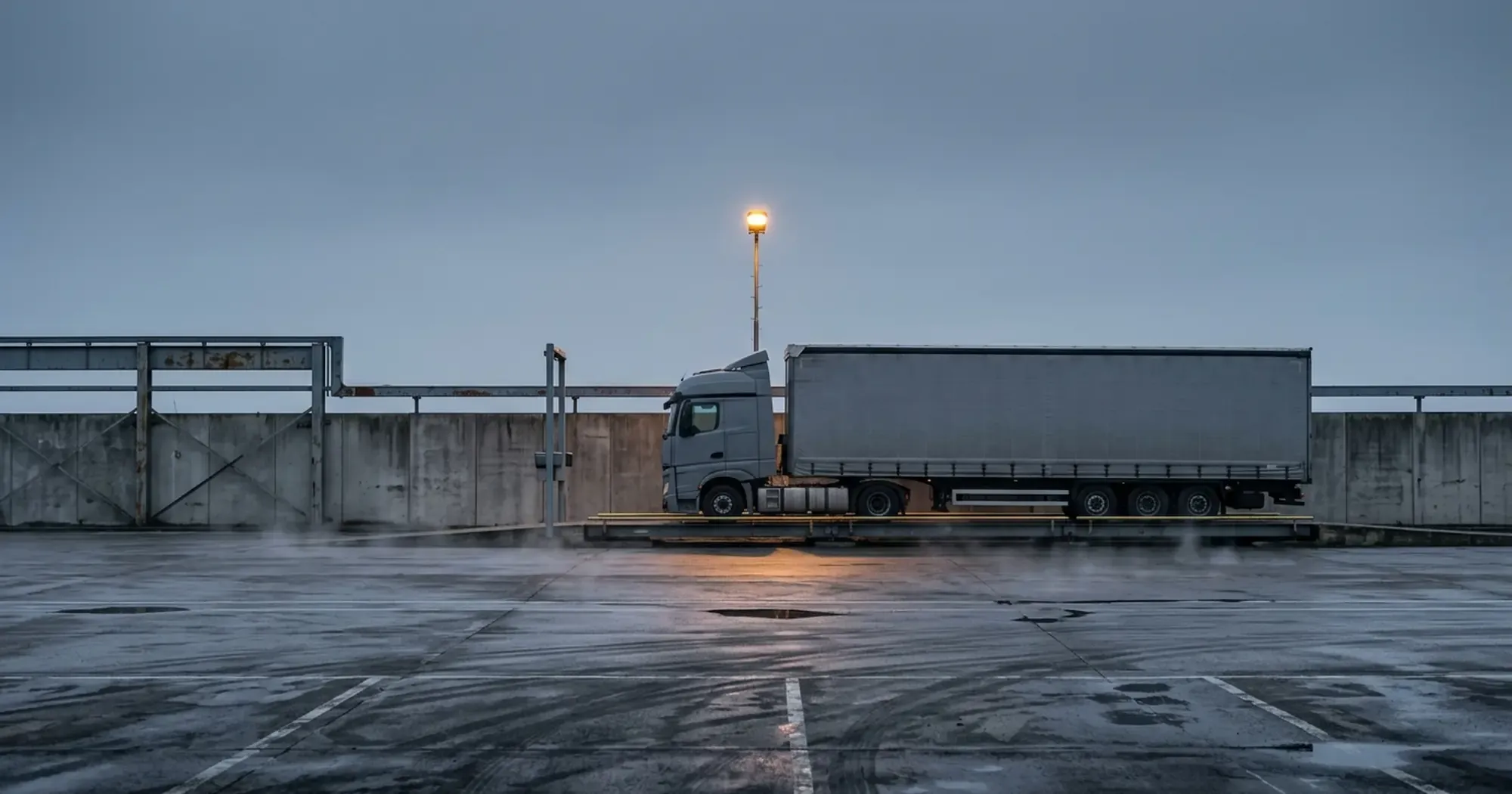 A curtain-sided trailer standing alone on a wet weighbridge apron under a sodium lamp.