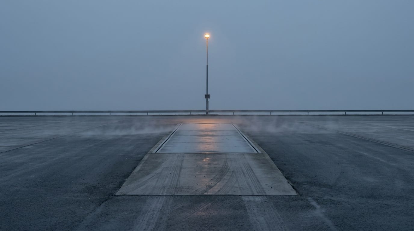 An empty weighbridge at dusk, its wet deck reflecting a single orange lamp, low mist drifting across the surrounding concrete.